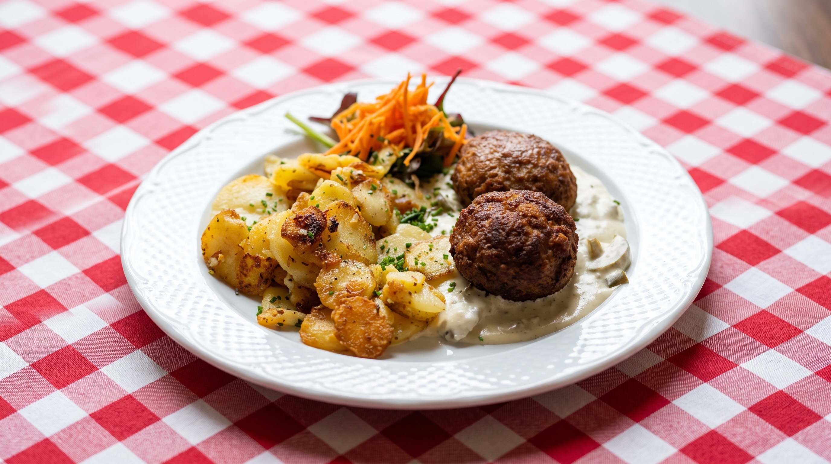 Zwei traditionelle Berliner Bouletten aus Havelländer Hack mit Bratkartoffeln und Salat